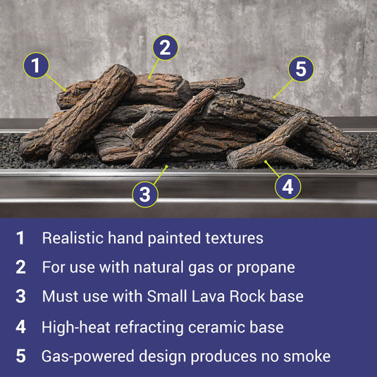 American Fire Products Formation Creation Country Oak ceramic gas fire pit logs featuring realistic hand-painted textures, natural gas and propane compatibility, small lava rock base requirement, high-heat refractory ceramic construction, and clean-burning gas design