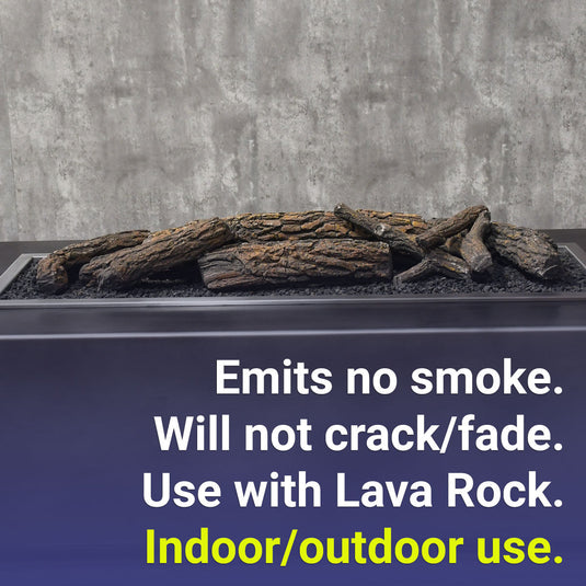 American Fire Products Country Oak ceramic gas fire pit logs highlighting clean-burning performance with no smoke, high heat durability without cracking or fading, lava rock base requirement, and indoor outdoor use