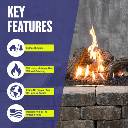 American Fire Products Formation Creation Country Oak ceramic gas fire pit logs highlighting indoor and outdoor use, high heat resistance, clean-burning performance with no smoke or ash, and handcrafted USA construction