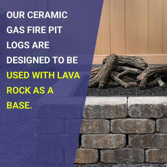American Fire Products Country Oak ceramic gas fire pit logs installed with lava rock base layer for proper fire pit setup and performance