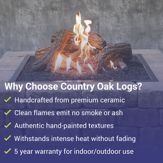 American Fire Products Formation Creation Country Oak ceramic gas fire pit logs highlighting premium ceramic construction, clean-burning flames, authentic hand-painted textures, high heat resistance, and 5 year warranty for indoor and outdoor use