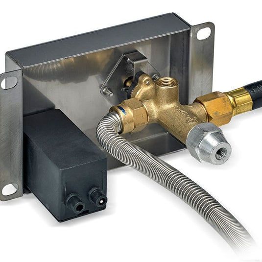 American Fire Products CSA certified electric ignition system showing all included components such as ignition control, burner pan, gas lines, valves, and safety system parts for outdoor fire feature installation