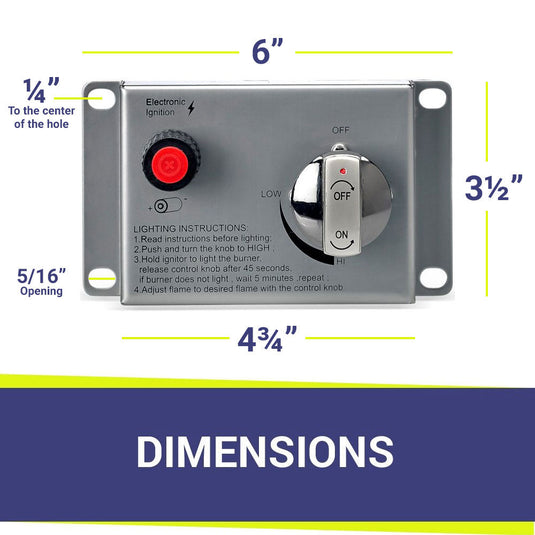 American Fire Products CSA Certified Ignition Control Panel showing dimensions and size specifications for fire pit electronic ignition system