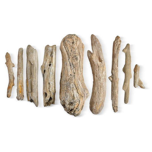 American Fire Products Formation Creation Driftwood ceramic gas fire pit logs 9 piece set displayed separately showing realistic driftwood textures