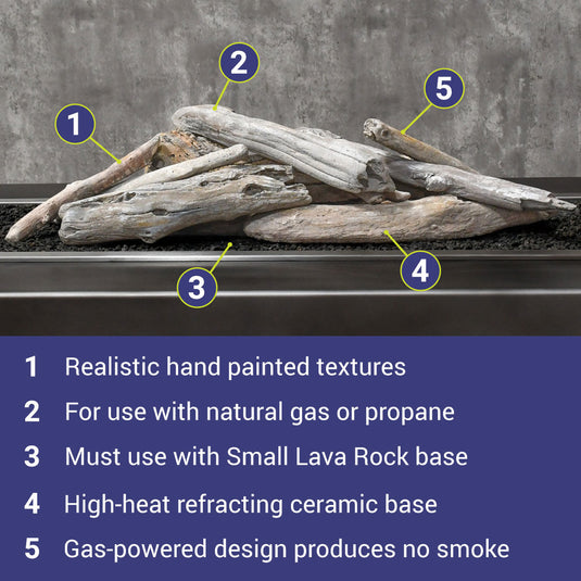 American Fire Products Formation Creation Driftwood ceramic gas fire pit logs featuring realistic hand-painted driftwood textures, natural gas and propane compatibility, small lava rock base requirement, high-temperature refractory ceramic construction, and clean-burning gas design