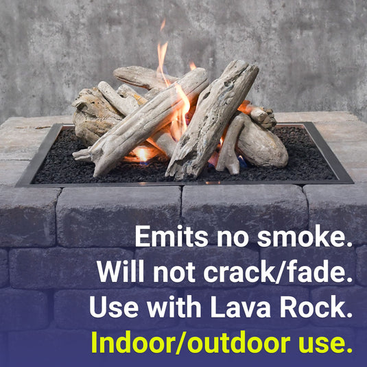 American Fire Products Formation Creation Driftwood ceramic gas fire pit logs highlighting clean-burning performance with no smoke, high heat durability without cracking or fading, lava rock base requirement, and indoor and outdoor use