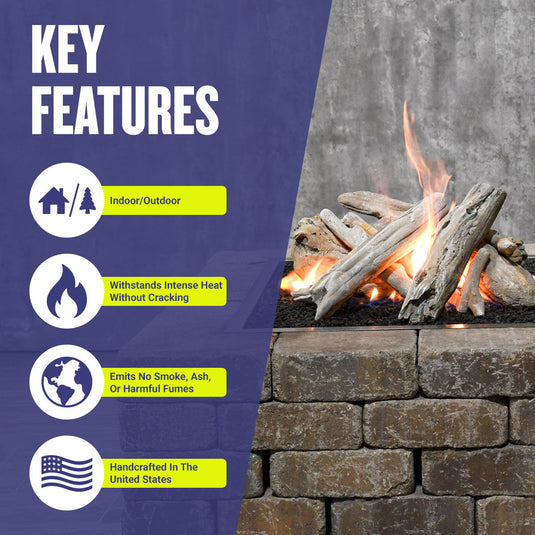 American Fire Products Formation Creation Driftwood ceramic gas fire pit logs highlighting indoor and outdoor use, high heat resistance, clean-burning performance with no smoke or ash, and handcrafted USA construction