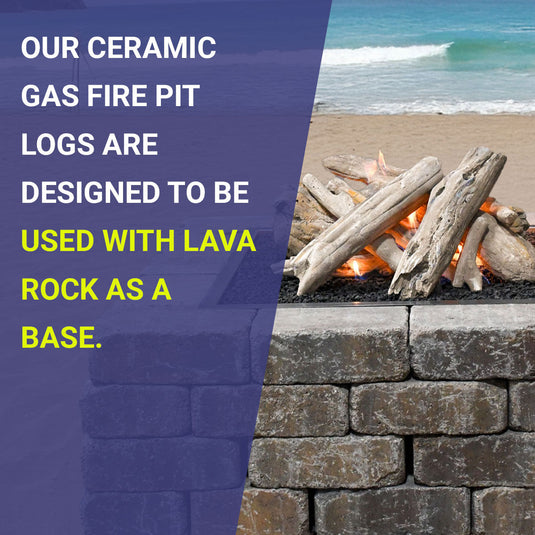 American Fire Products Formation Creation Driftwood ceramic gas fire pit logs installed with a lava rock base layer for proper fire pit setup and performance