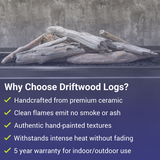 American Fire Products Formation Creation Driftwood ceramic gas fire pit logs highlighting premium ceramic construction, clean-burning flames, authentic hand-painted driftwood textures, high heat resistance, and 5 year warranty for indoor and outdoor use