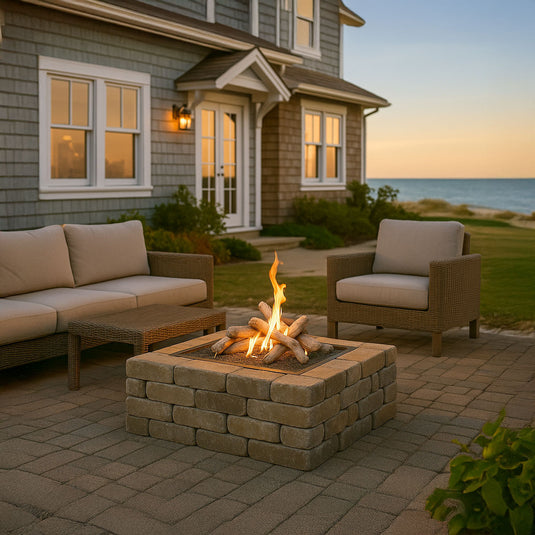 American Fire Products Formation Creation Driftwood ceramic gas fire pit logs installed in an outdoor gas fire pit