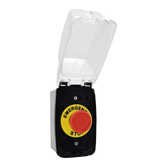 Open door view of the American Fire Products Emergency Shutoff showing the interior components and weather-resistant enclosure