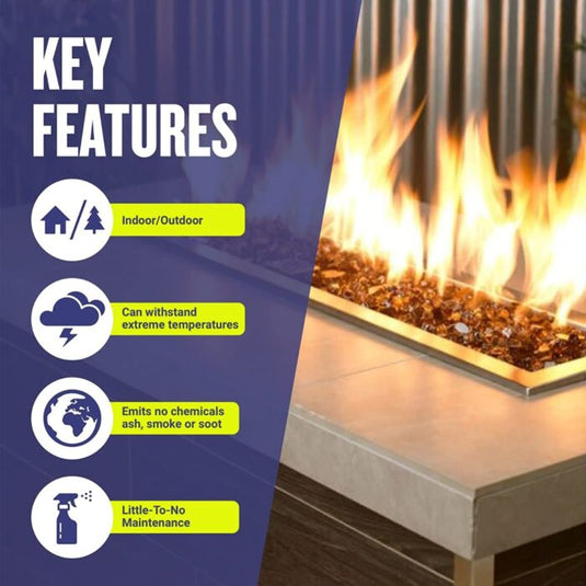 Key features infographic for American Fire Products fire glass highlighting indoor and outdoor use, extreme heat resistance, clean-burning performance with no chemicals, ash, smoke, or soot, and low-maintenance operation.