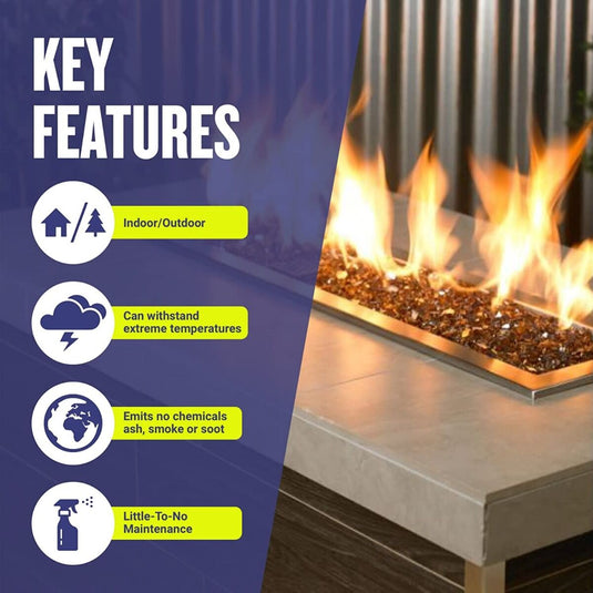 Key features infographic for American Fire Products fire glass highlighting indoor and outdoor use, extreme heat resistance, clean-burning performance with no chemicals, ash, smoke, or soot, and low-maintenance operation.