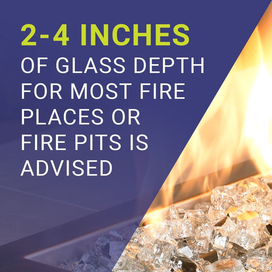 Fire glass specifications and usage guide showing recommended glass depth and compatibility with natural gas and propane fire features.