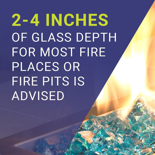 Fire glass specifications and usage guide showing recommended glass depth and compatibility with natural gas and propane fire features.