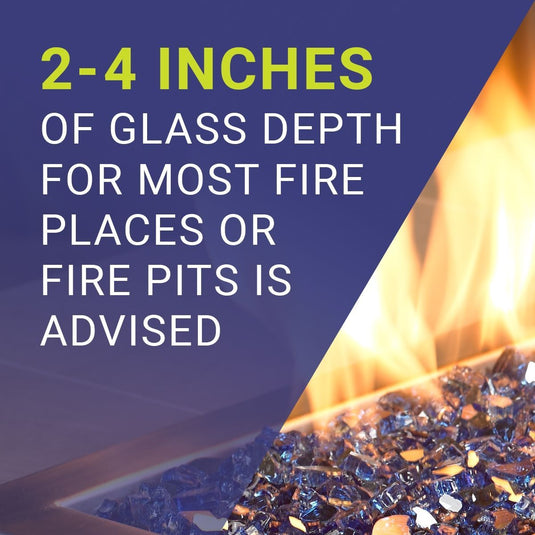 Fire glass specifications and usage guide showing recommended glass depth and compatibility with natural gas and propane fire features.