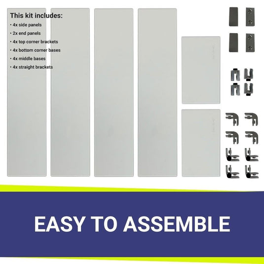 American Fire Products fire pit flame guard assembly kit showing 4 side panels, 2 end panels, top corner brackets, bottom bases, middle bases and straight brackets easy to assemble components