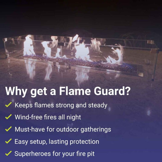 American Fire Products fire pit with flame guard showing benefits including steady flames wind protection easy setup and outdoor gathering safety