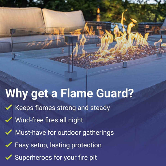 American Fire Products fire pit with flame guard showing benefits including steady flames wind protection easy setup and outdoor gathering safety
