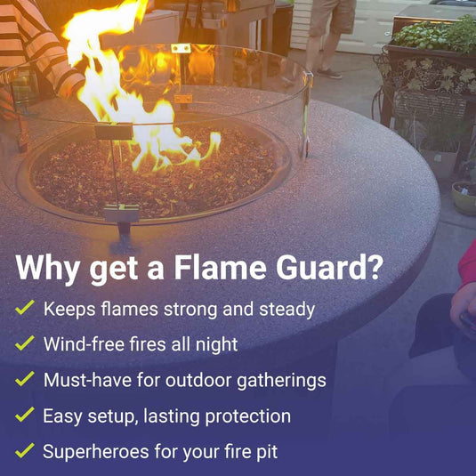 American Fire Products fire pit with flame guard showing benefits including steady flames wind protection easy setup and outdoor gathering safety