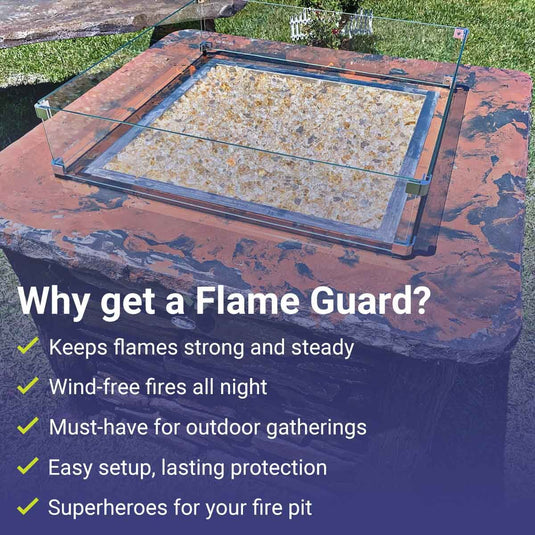 American Fire Products fire pit with flame guard showing benefits including steady flames wind protection easy setup and outdoor gathering safety