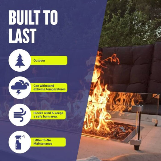 American Fire Products fire pit with flame guard showing built to last outdoor durability extreme temperature resistance wind protection and low maintenance