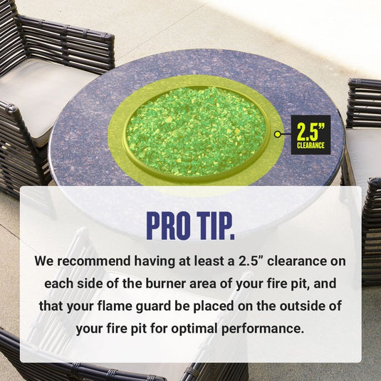 American Fire Products fire pit flame guard placement guide showing recommended 2.5 inch clearance around burner area with fire glass