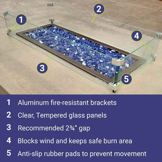 American Fire Products fire pit flame guard features showing tempered glass panels aluminum brackets recommended gap wind protection and anti-slip rubber pads