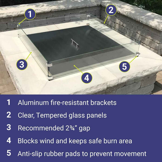 American Fire Products fire pit flame guard features showing tempered glass panels aluminum brackets recommended gap wind protection and anti-slip rubber pads