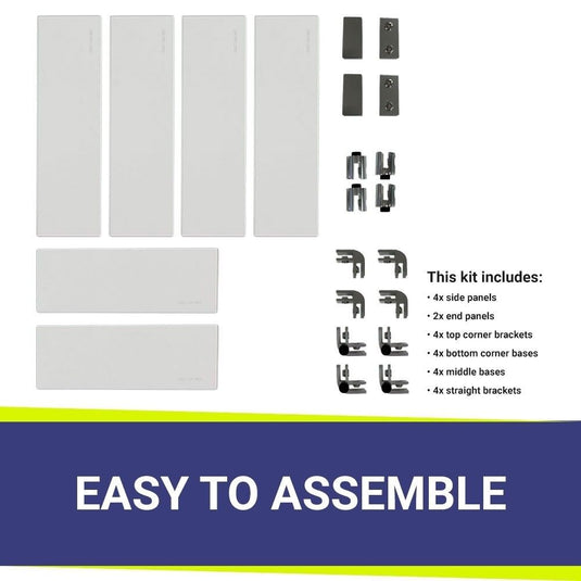 American Fire Products fire pit flame guard kit components showing 4 side panels 2 end panels 4 top corner brackets 4 bottom corner bases  4 middle bases 4 straight brackets easy assembly system