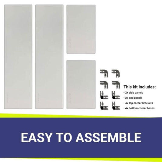 American Fire Products fire pit flame guard kit components showing 2 side panels 2 end panels 4 top corner brackets 4 bottom corner bases easy assembly system