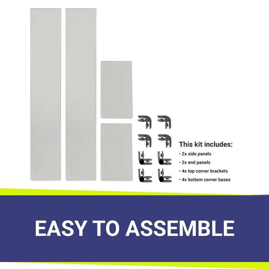 American Fire Products fire pit flame guard kit components showing 2 side panels 2 end panels 4 top corner brackets 4 bottom corner bases easy assembly system