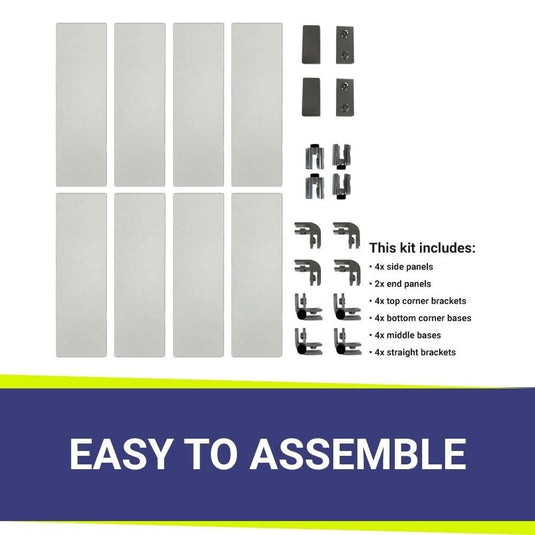 American Fire Products fire pit flame guard kit components showing 4 side panels 2 end panels 4 top corner brackets 4 bottom corner bases  4 middle bases 4 straight brackets easy assembly system