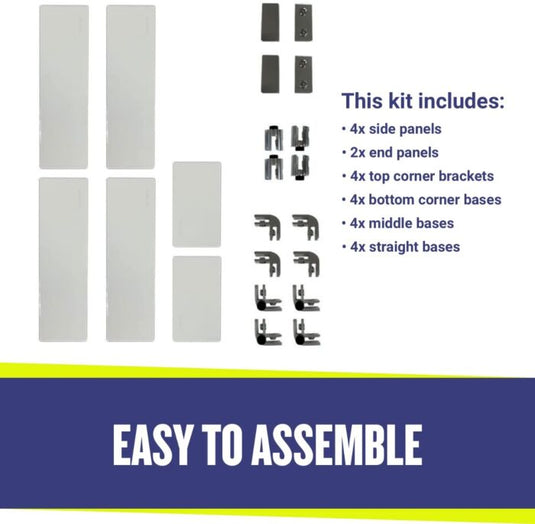 American Fire Products fire pit flame guard kit components showing 4 side panels 2 end panels 4 top corner brackets 4 bottom corner bases  4 middle bases 4 straight brackets easy assembly system