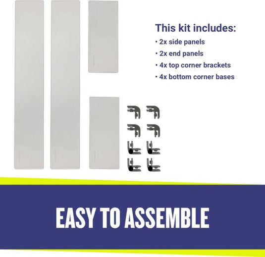 American Fire Products fire pit flame guard kit components showing 2 side panels 2 end panels 4 top corner brackets 4 bottom corner bases easy assembly system