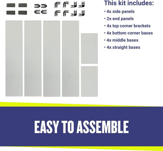 American Fire Products fire pit flame guard kit components showing 4 side panels 2 end panels 4 top corner brackets 4 bottom corner bases  4 middle bases 4 straight brackets easy assembly system