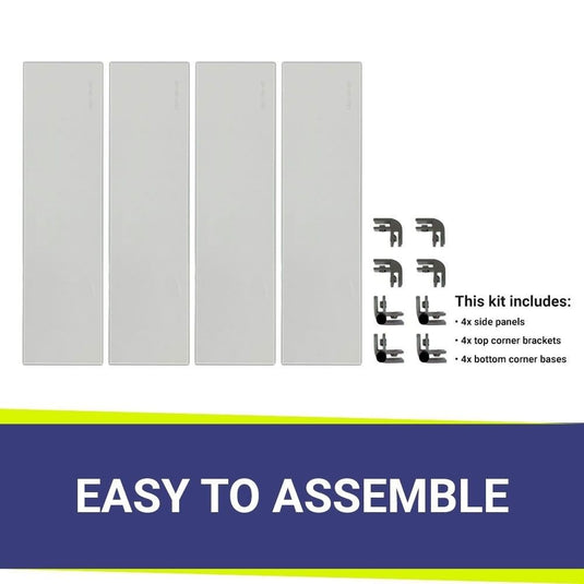 American Fire Products fire pit flame guard kit components showing 4 side panels 4 top corner brackets 4 bottom corner bases easy assembly system