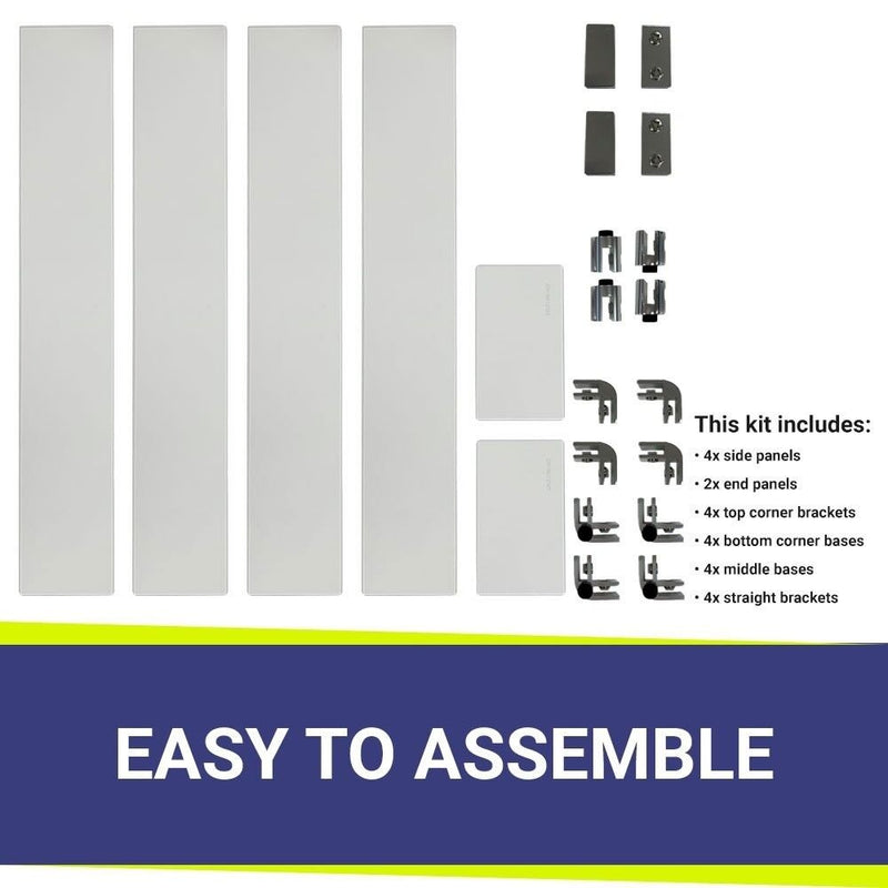 Load image into Gallery viewer, American Fire Products fire pit flame guard assembly kit showing 4 side panels, 2 end panels, top corner brackets, bottom corner bases, middle bases, and straight brackets with easy to assemble design for tempered glass flame guard system
