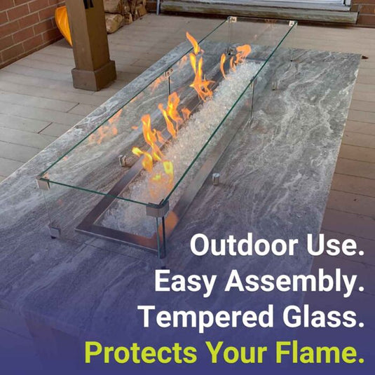 American Fire Products fire pit with fire glass and flame guard showing outdoor use easy assembly tempered glass and flame protection features