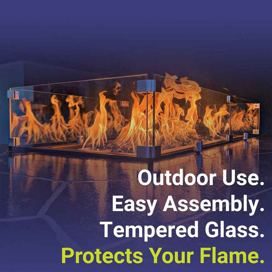 American Fire Products fire pit with fire glass and flame guard showing outdoor use easy assembly tempered glass and flame protection features