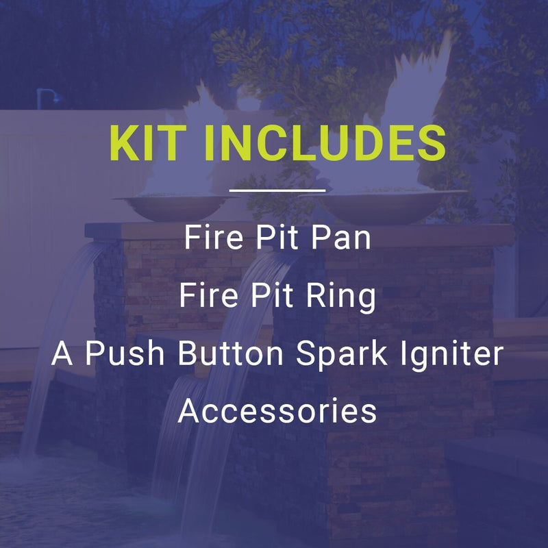 Load image into Gallery viewer, American Fire Products fire pit kit includes fire pit pan, fire pit ring, push button spark igniter, and installation accessories overview graphic
