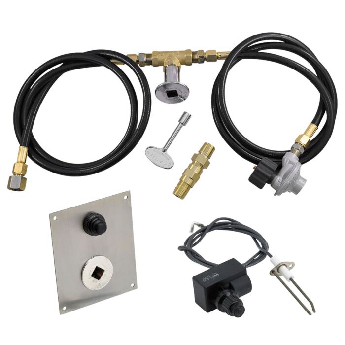 Load image into Gallery viewer, American Fire Products fire pit propane installation kit with chrome key valve push button ignition spark probe regulator air mixer and hoses for outdoor fire pits and fire pit tables
