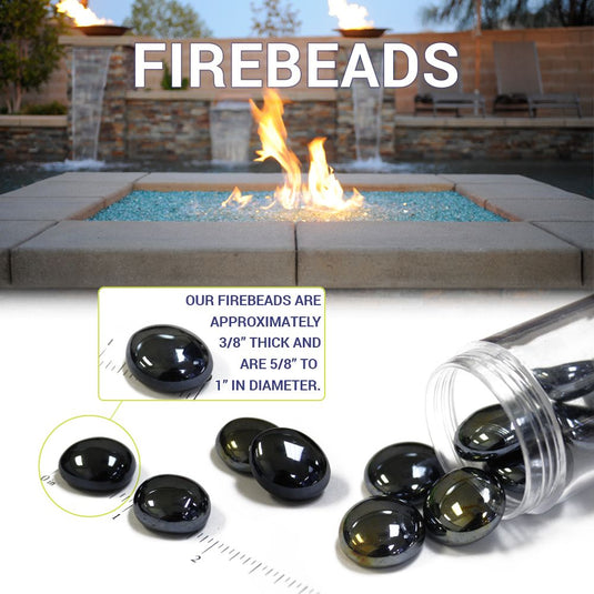 Firebeads product image showing size and specification details for American Fire Products decorative fire glass beads, including thickness and diameter information