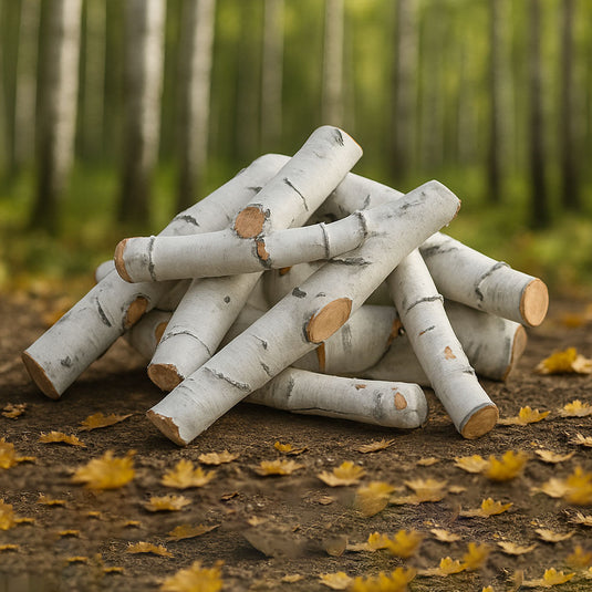 American Fire Products Formation Creation Sierra Birch ceramic gas fire pit logs 9 piece set displayed in a modern outdoor setting showing realistic white birch textures and handcrafted design
