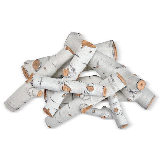 Top view of American Fire Products Formation Creation Sierra Birch ceramic gas fire pit logs 9 piece set showing realistic white birch bark detailing
