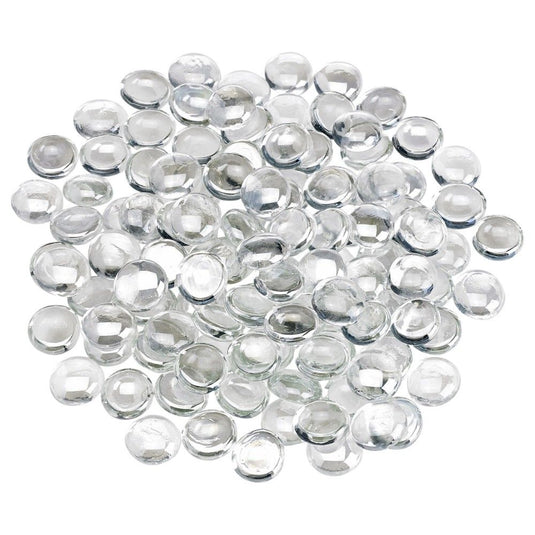 American Fire Products 1/2 inch glacier ice fire beads glowing in outdoor fire pit with bright flames reflecting on glass