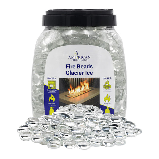 American Fire Products 10 lbs jar of 1/2 inch glacier ice fire beads used in fire pits and fireplaces for a bright reflective flame effect