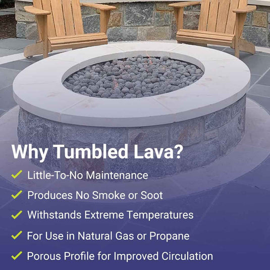 American Fire Products gray lava stone  volcanic rock fire pit media showing features and benefits including heat resistance airflow and flame enhancement