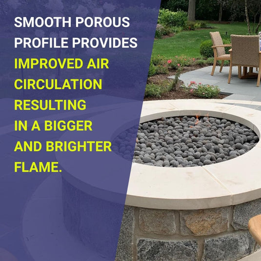 American Fire Products gray lava stone  volcanic rock fire pit media showing features and benefits including heat resistance airflow and flame enhancement