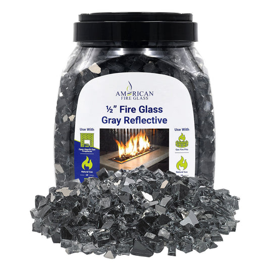 American Fire Products 1/2 inch gray reflective fire glass 10 pound jar packaging for fireplaces and fire pits